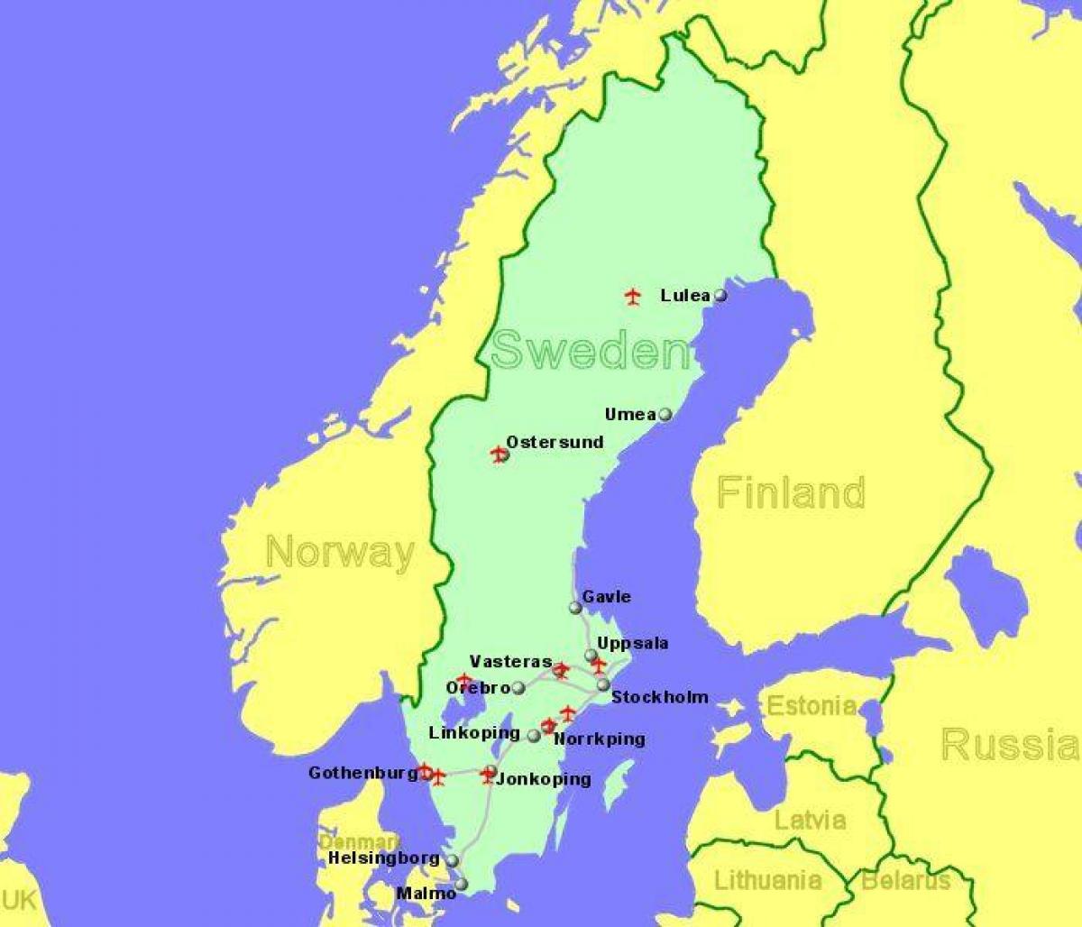 карта аэропортов в Швеции